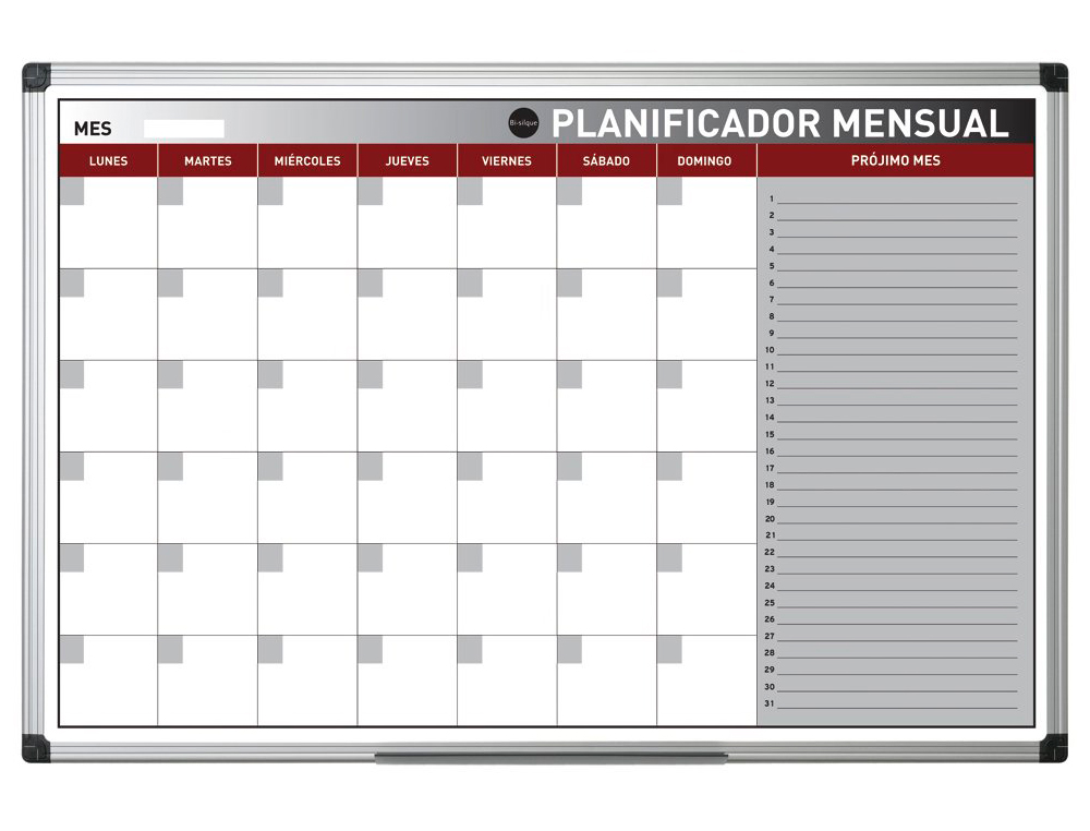 PLANNING MAGNETICO BI-OFFICE MENSUAL LACADO MARCO ALUMINIO ROTULABLE 90X60 CM