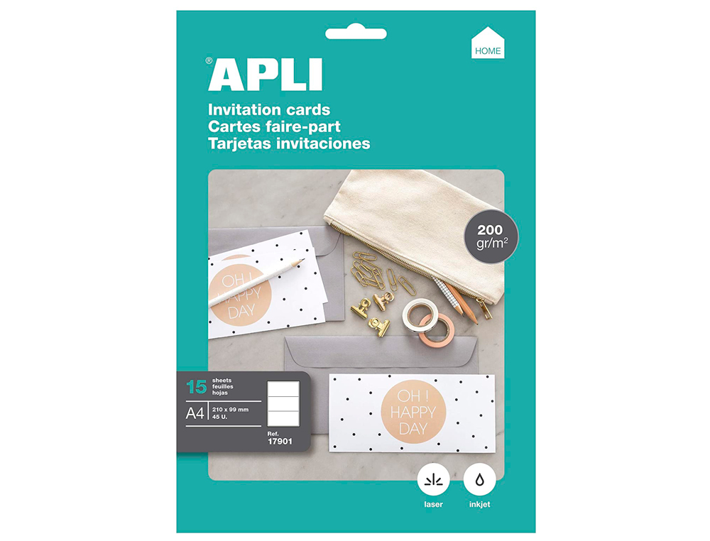 TARJETA DE VISITA APLI INVITACION HOGAR 210X99 MM 200 GR BLANCA PACK DE 15 HOJAS DIN A4