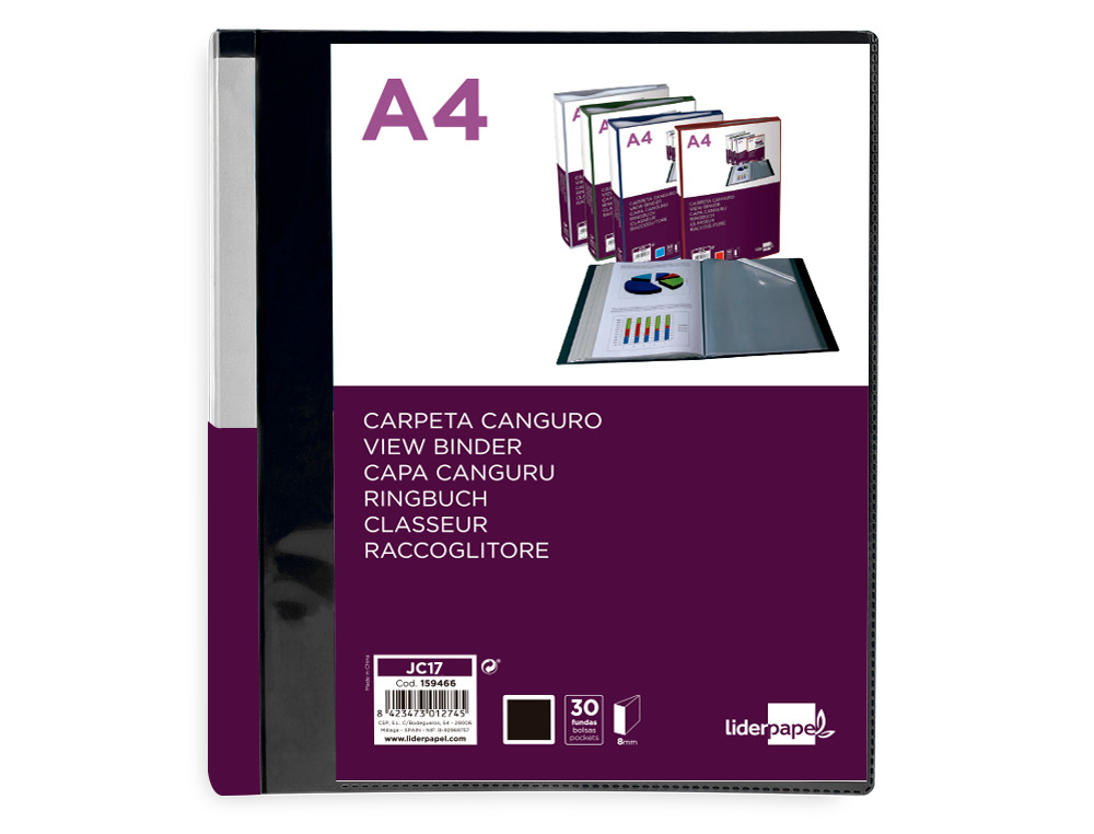CARPETA LIDERPAPEL 30 FUNDAS CANGURO PP DIN A4 NEGRO OPACO PORTADA Y LOMO PERSONALIZABLE