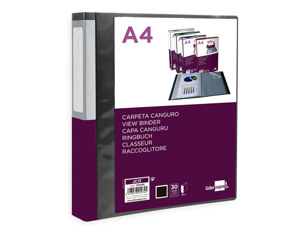 CARPETA LIDERPAPEL 30 FUNDAS CANGURO PP DIN A4 NEGRO OPACO PORTADA Y LOMO PERSONALIZABLE