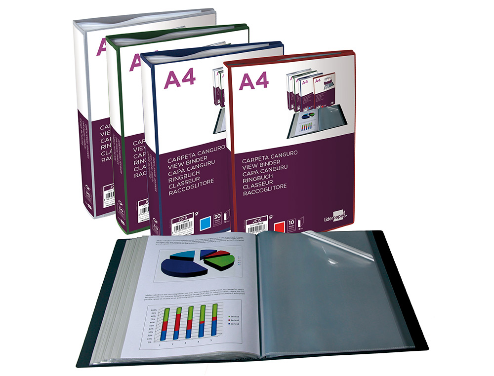 CARPETA LIDERPAPEL 30 FUNDAS CANGURO PP DIN A4 NEGRO OPACO PORTADA Y LOMO PERSONALIZABLE