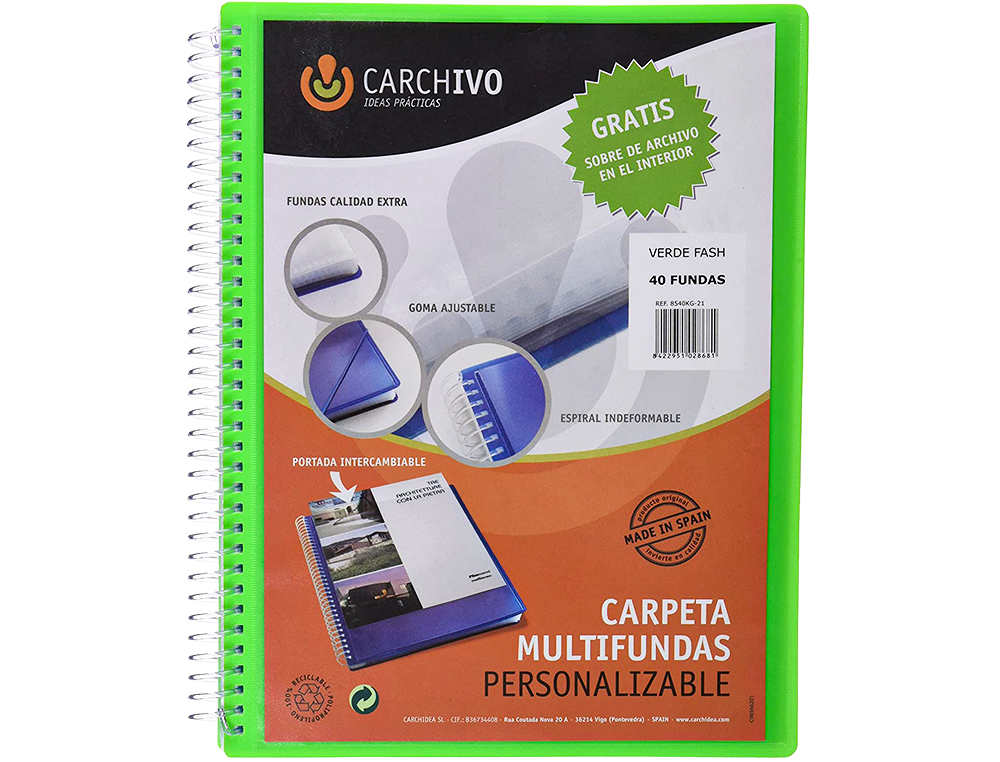 CARPETA CARCHIVO ARCHIVEX POLIPROPILENO CANGURO VERDE ESCAPARATE CON ESPIRAL 40 FUNDAS CIERRE GOMAS DIN A4