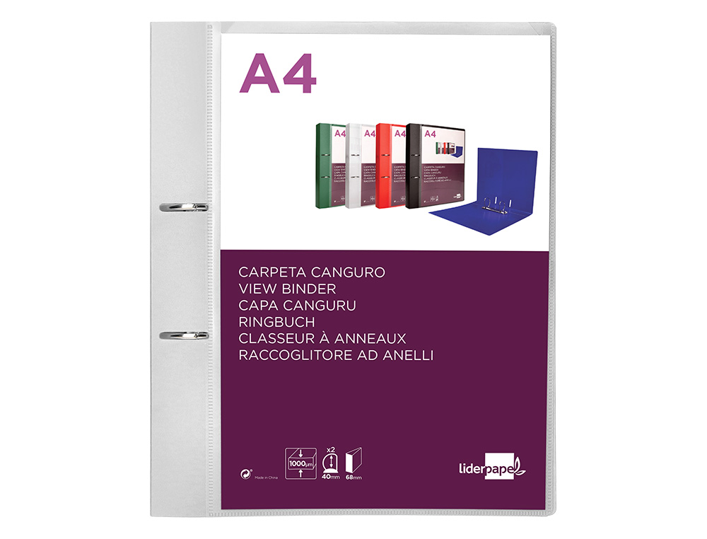 CARPETA LIDERPAPEL CANGURO 2 ANILLAS 40 MM MIXTAS POLIPROPILENO DIN A4 TRANSPARENTE