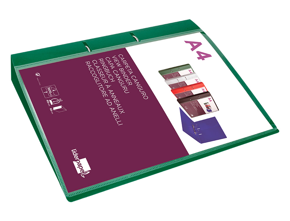 CARPETA LIDERPAPEL CANGURO 2 ANILLAS 40 MM MIXTAS POLIPROPILENO DIN A4 VERDE TRANSLICUDO