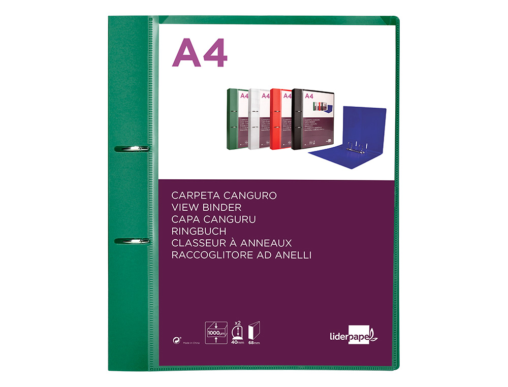 CARPETA LIDERPAPEL CANGURO 2 ANILLAS 40 MM MIXTAS POLIPROPILENO DIN A4 VERDE TRANSLICUDO