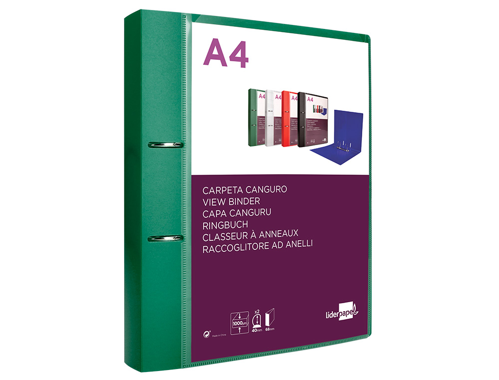 CARPETA LIDERPAPEL CANGURO 2 ANILLAS 40 MM MIXTAS POLIPROPILENO DIN A4 VERDE TRANSLICUDO