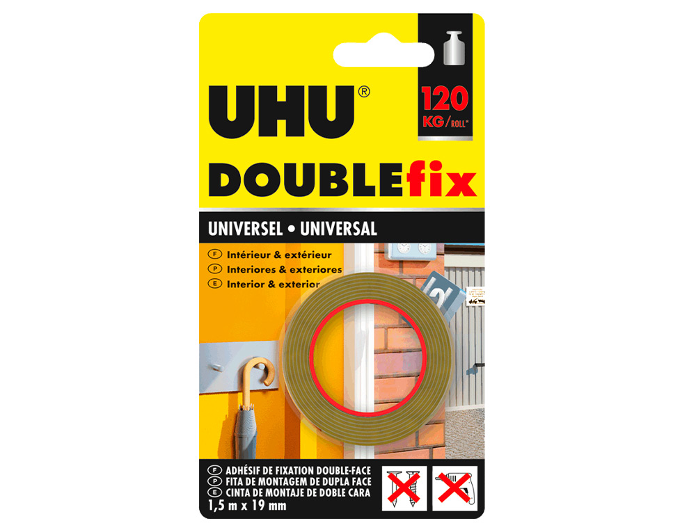 CINTA ADHESIVA UHU DOUBLEFIX MARRON DOBLE CARA EXTRA FUERTE 1,5 MT X 19 MM
