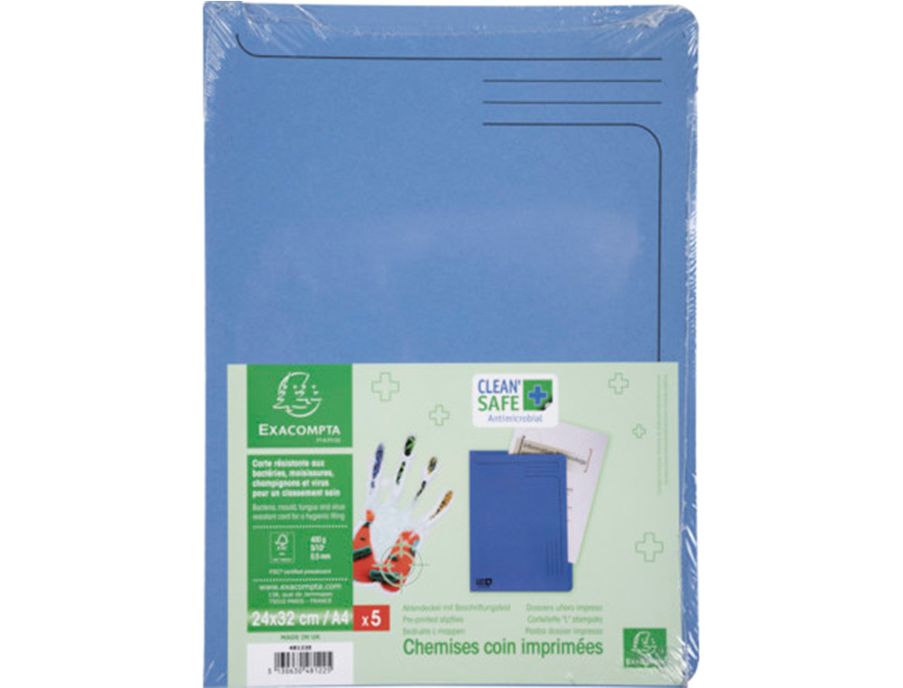 CARPETA DOSSIER UERO EXACOMPTA CLEAN SAFE CARTULINA 400 GR DIN A4 AZUL PAQUETE DE 5 UNIDADES