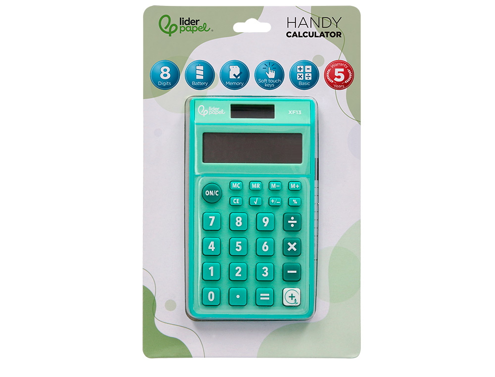 CALCULADORA LIDERPAPEL BOLSILLO XF13 8 DIGITOS SOLAR Y PILAS COLOR VERDE 115X65X8 MM
