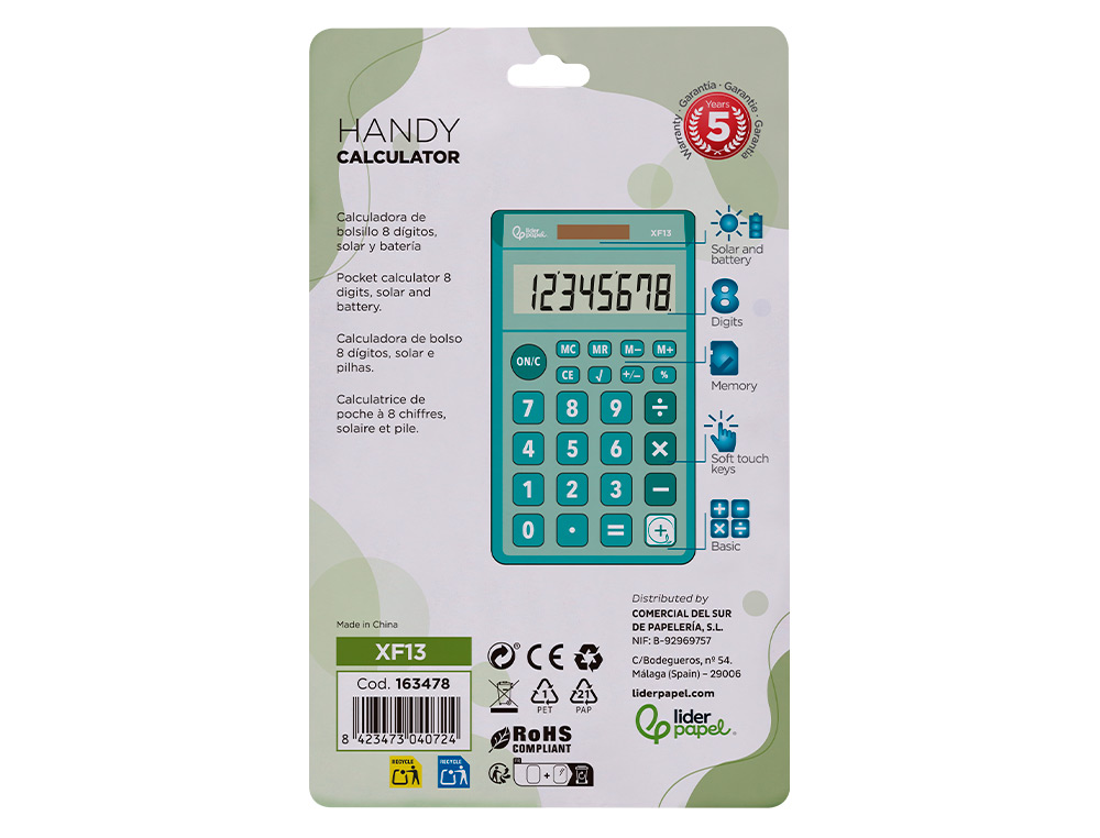 CALCULADORA LIDERPAPEL BOLSILLO XF13 8 DIGITOS SOLAR Y PILAS COLOR VERDE 115X65X8 MM