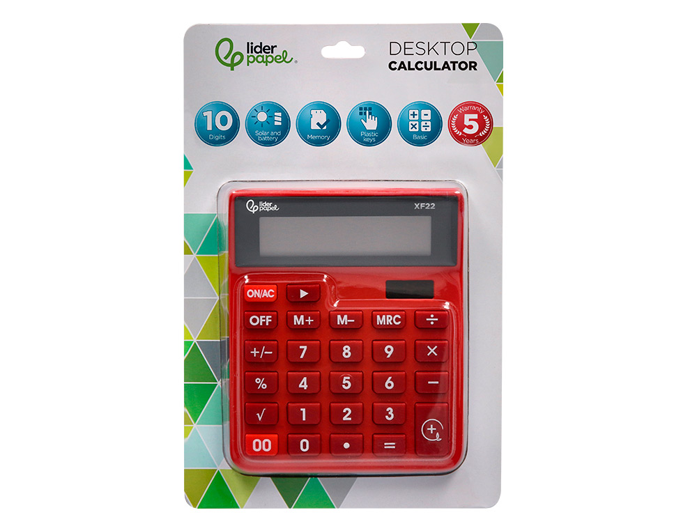 CALCULADORA LIDERPAPEL SOBREMESA XF22 10 DIGITOS SOLAR Y PILAS COLOR ROJO 127X105X24 MM