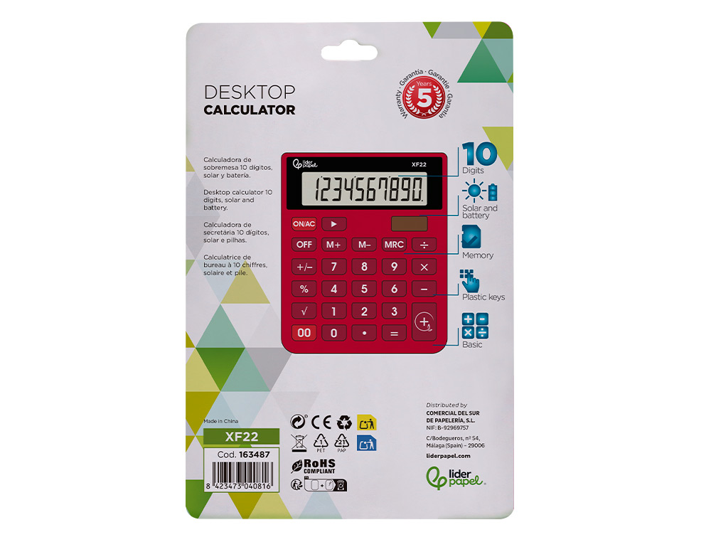 CALCULADORA LIDERPAPEL SOBREMESA XF22 10 DIGITOS SOLAR Y PILAS COLOR ROJO 127X105X24 MM