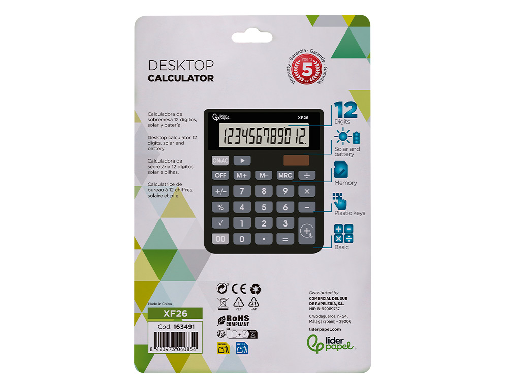 CALCULADORA LIDERPAPEL SOBREMESA XF26 12 DIGITOS SOLAR Y PILAS COLOR NEGRO 127X105X24 MM
