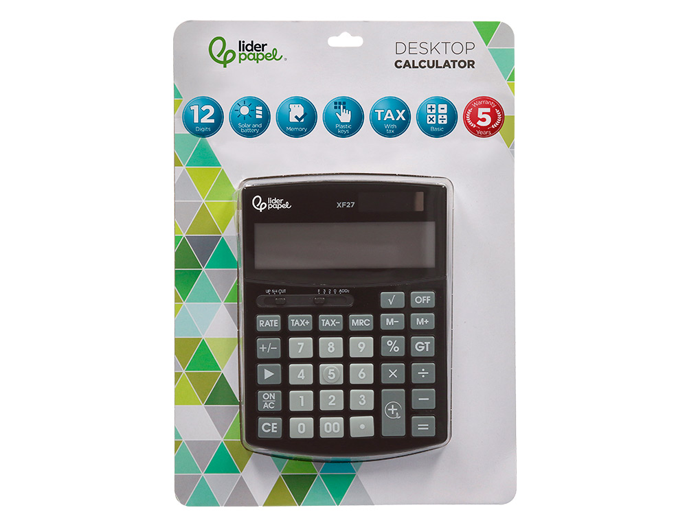 CALCULADORA LIDERPAPEL SOBREMESA XF27 12 DIGITOS TASAS SOLAR Y PILAS COLOR NEGRO 155X115X25 MM