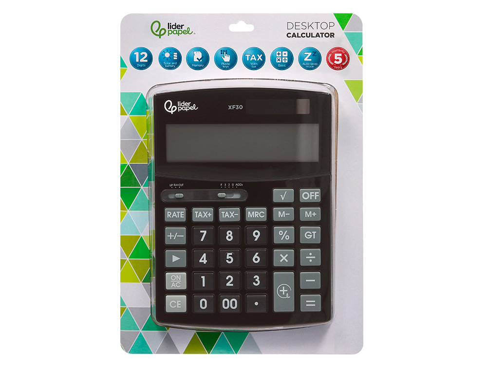 CALCULADORA LIDERPAPEL SOBREMESA XF30 12 DIGITOS TASAS SOLAR Y PILAS COLOR NEGRO 190X140X30 MM