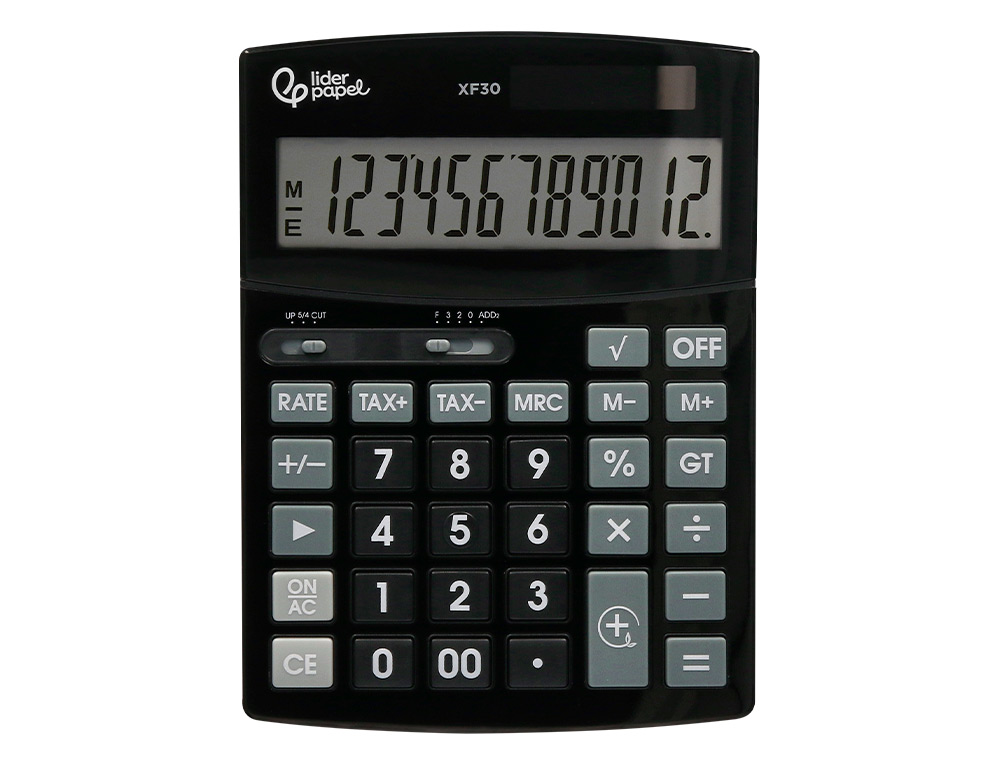CALCULADORA LIDERPAPEL SOBREMESA XF30 12 DIGITOS TASAS SOLAR Y PILAS COLOR NEGRO 190X140X30 MM