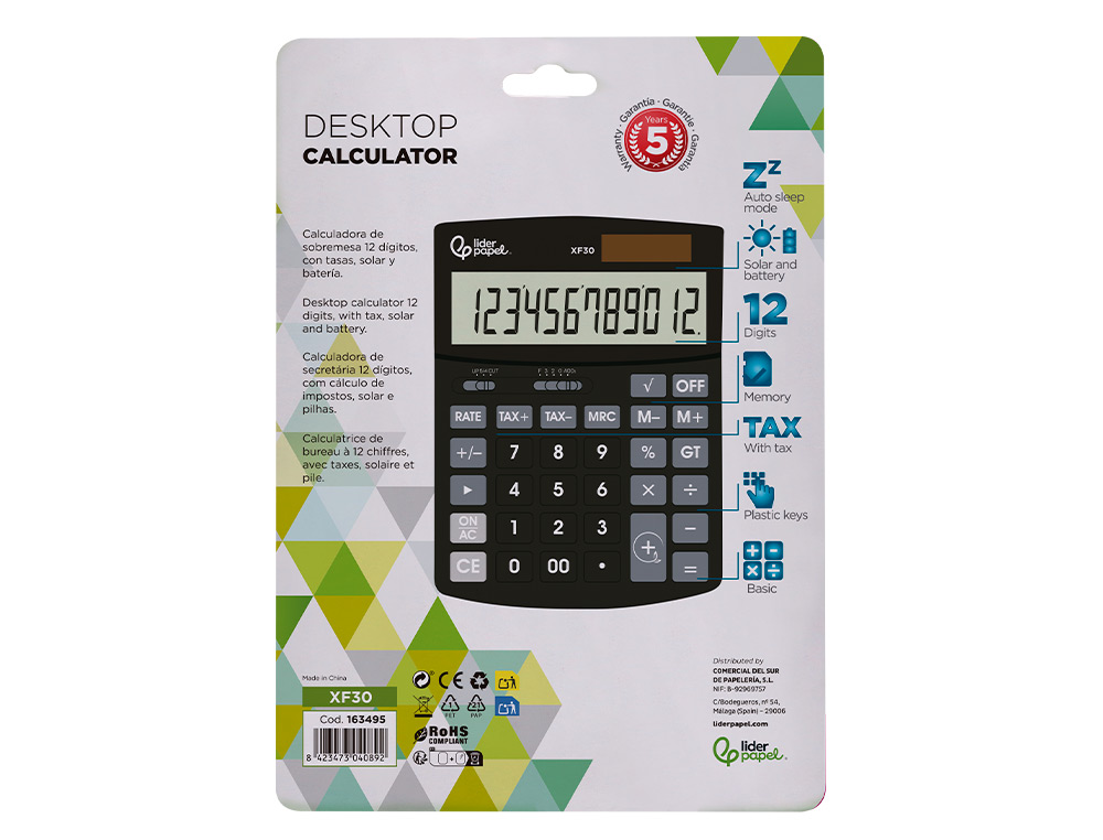 CALCULADORA LIDERPAPEL SOBREMESA XF30 12 DIGITOS TASAS SOLAR Y PILAS COLOR NEGRO 190X140X30 MM