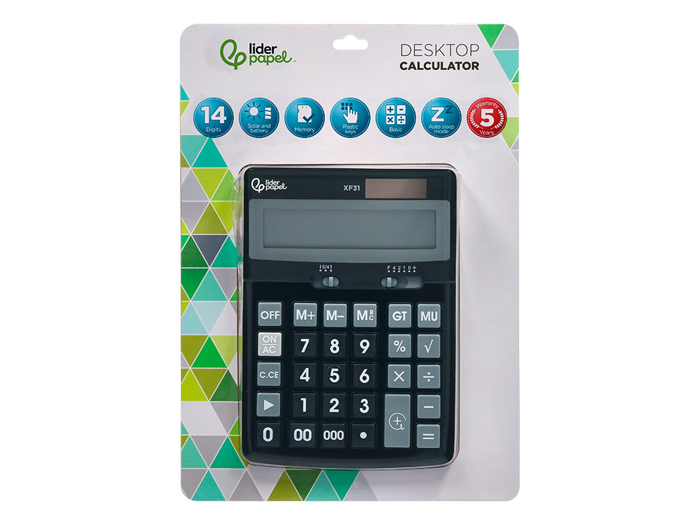 CALCULADORA LIDERPAPEL SOBREMESA XF31 14 DIGITOS SOLAR Y PILAS COLOR NEGRO 170X122X35 MM
