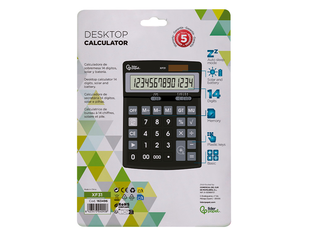 CALCULADORA LIDERPAPEL SOBREMESA XF31 14 DIGITOS SOLAR Y PILAS COLOR NEGRO 170X122X35 MM