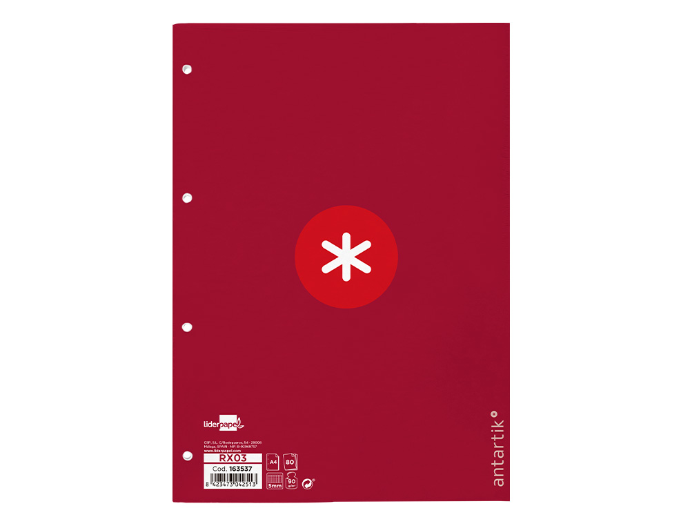 RECAMBIO ANTARTIK A4 80 HOJAS 90G/M2 CUADRO 5 MM 4 TALADROS 1 BANDA MARCO COLOR FRAMBUESA