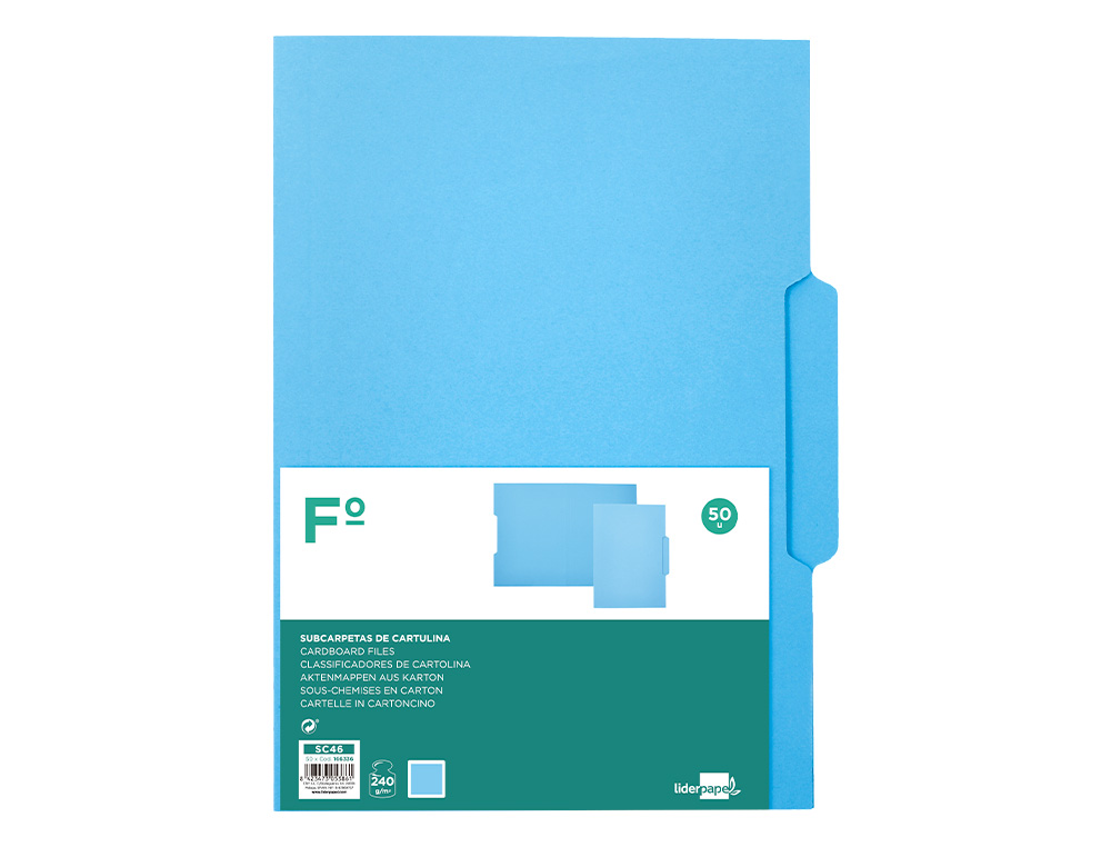 SUBCARPETA CARTULINA LIDERPAPEL FOLIO PESTAA CENTRAL 240G/M2 AZUL