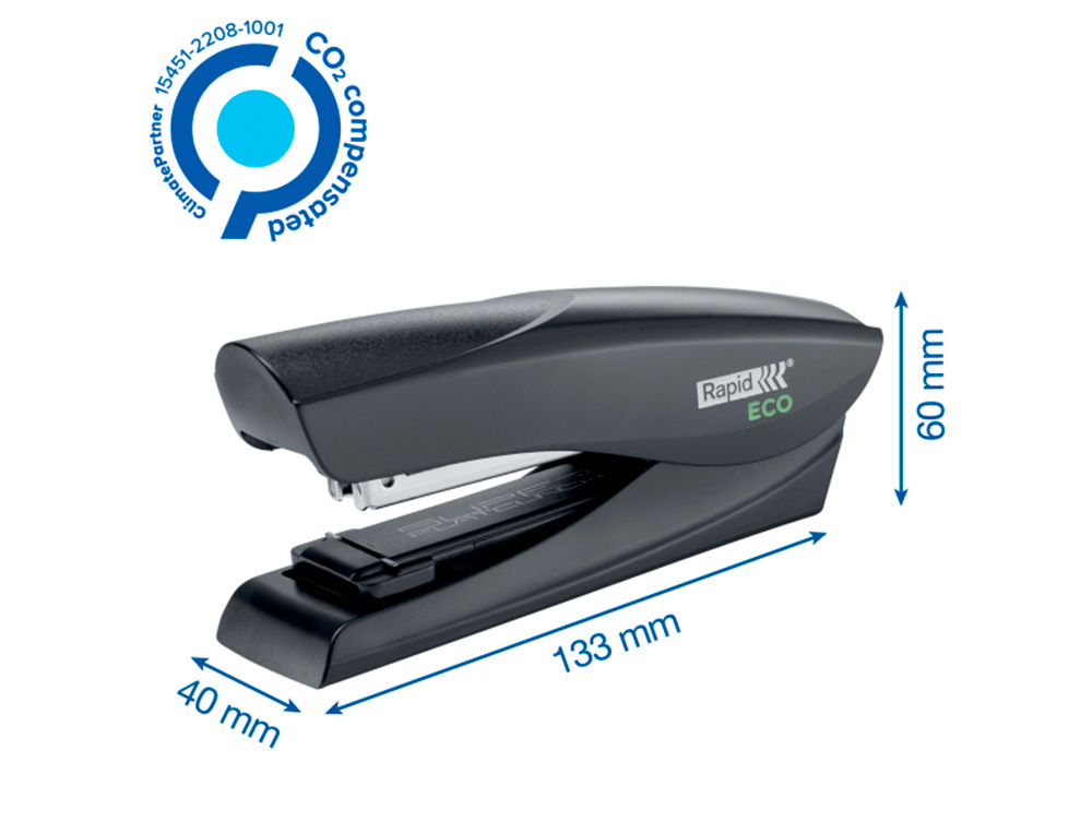 GRAPADORA RAPID FASHION ECO PLASTICO 100% RECICLADO CAPACIDAD 25 HOJAS USA GRAPAS 24/6 Y 26/6 COLOR NEGRO