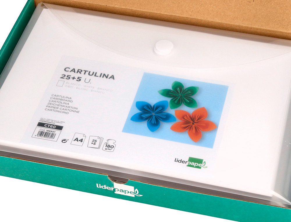 CARTULINA LIDERPAPEL A4 180G/M2 BLANCO PAQUETE DE 25+5 HOJAS EN CARPETA DOSSIER TRANSPARENTE CON CIERRE VELCRO