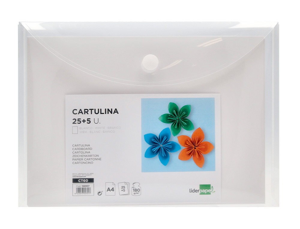 CARTULINA LIDERPAPEL A4 180G/M2 BLANCO PAQUETE DE 25+5 HOJAS EN CARPETA DOSSIER TRANSPARENTE CON CIERRE VELCRO