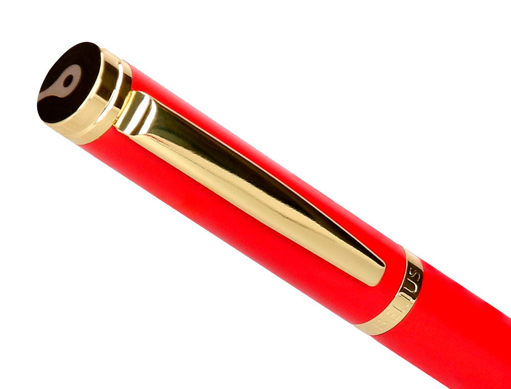 PLUMA BELIUS PASSION DOR ALUMINIO TEXTURA CEPILLADA COLOR ROJO Y DORADO TINTA AZUL CAJA DE DISEO