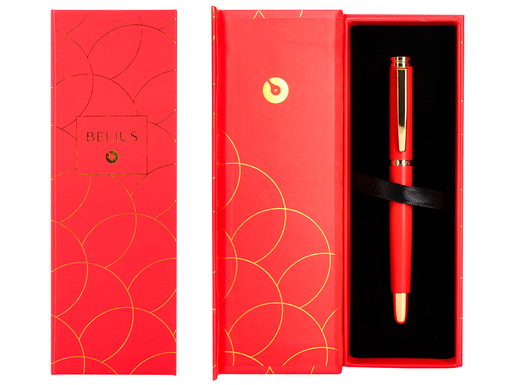 PLUMA BELIUS PASSION DOR ALUMINIO TEXTURA CEPILLADA COLOR ROJO Y DORADO TINTA AZUL CAJA DE DISEO