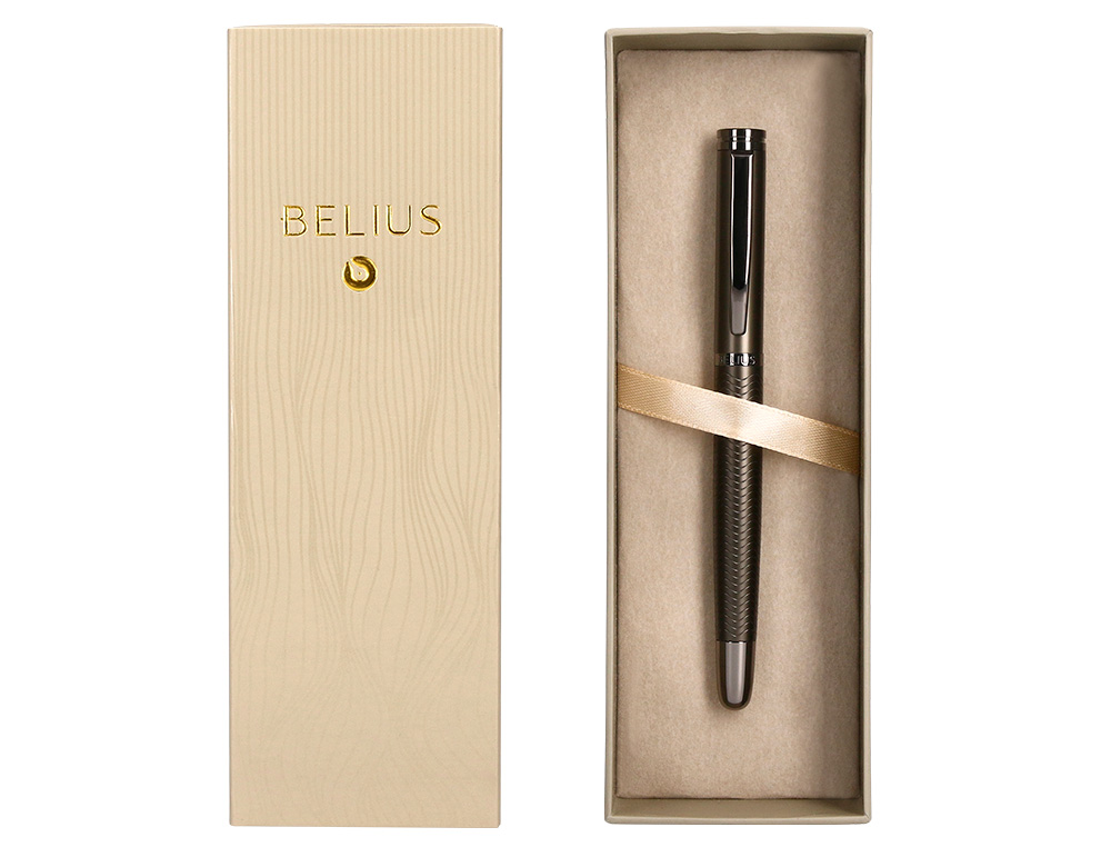 BOLIGRAFO BELIUS NEPTUNO ALUMINIO TEXTURA WAVY COLOR CAQUI TINTA AZUL CAJA DE DISEÑO