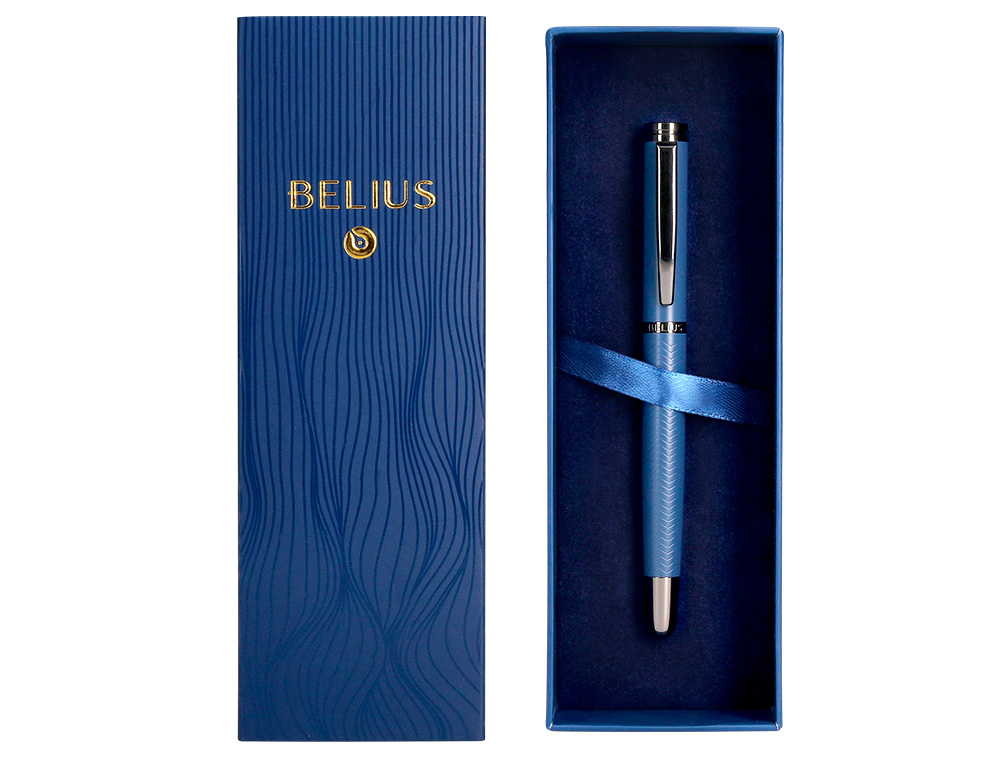 BOLIGRAFO BELIUS NEPTUNO ALUMINIO TEXTURA WAVY COLOR AZUL MARINO TINTA AZUL CAJA DE DISEO