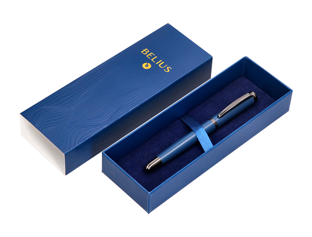 BOLIGRAFO BELIUS NEPTUNO ALUMINIO TEXTURA WAVY COLOR AZUL MARINO TINTA AZUL CAJA DE DISEO