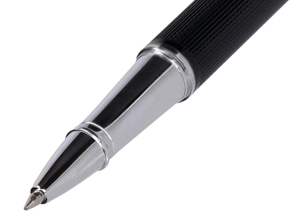 BOLIGRAFO BELIUS TURBO ALUMINIO TEXTURA PUNTEADA COLOR NEGRO Y PLATEADO TINTA AZUL CAJA DE DISEÑO