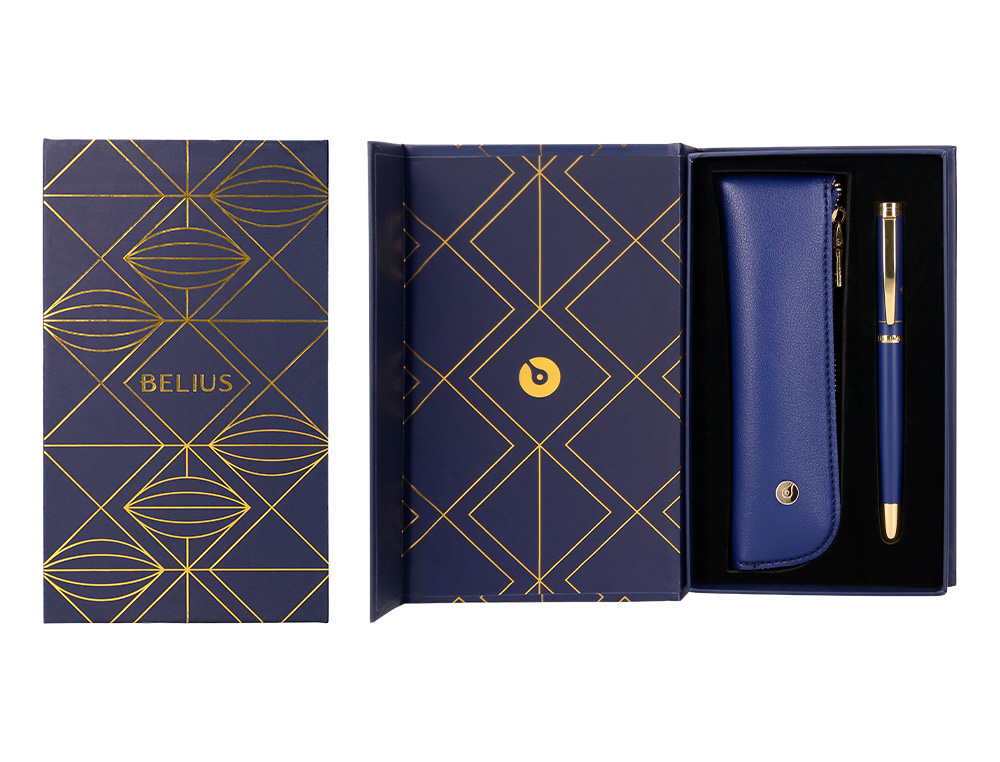 PLUMA Y ESTUCHE BELIUS SOIREE COLOR ART DECO AZUL MARINO Y DORADO TINTA AZUL CAJA DE DISEO