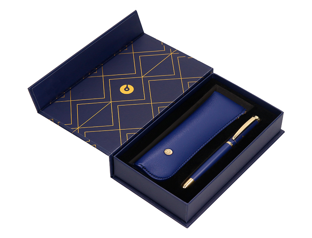 PLUMA Y ESTUCHE BELIUS SOIREE COLOR ART DECO AZUL MARINO Y DORADO TINTA AZUL CAJA DE DISEO