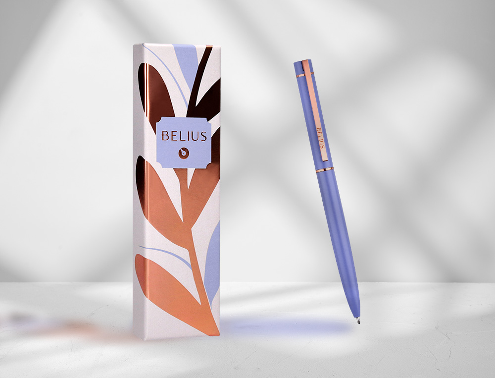 BOLIGRAFO BELIUS ROSE ALUMINIO COLOR LAVANDA/ORO ROSA TINTA AZUL CAJA DE DISEÑO
