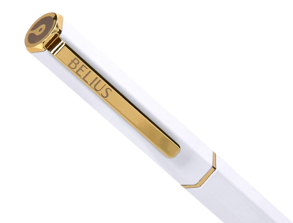 BOLIGRAFO BELIUS MACARON BLISS FORMA HEXAGONAL COLOR BLANCO Y DORADO TINTA AZUL CAJA DE DISEO