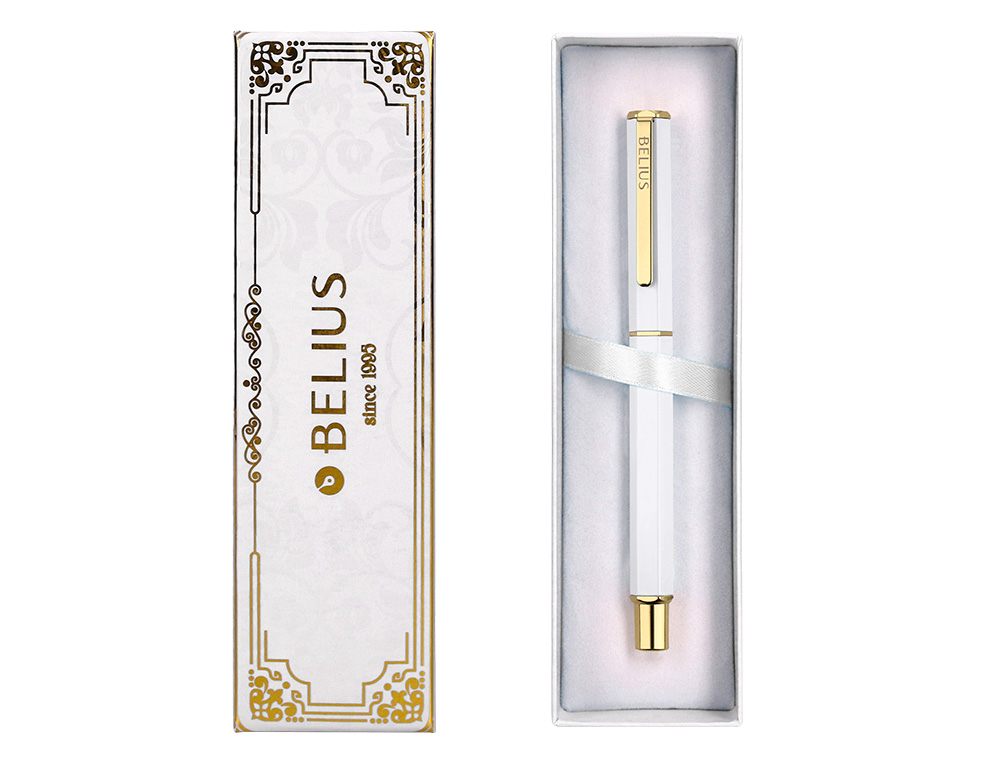 BOLIGRAFO BELIUS MACARON BLISS FORMA HEXAGONAL COLOR BLANCO Y DORADO TINTA AZUL CAJA DE DISEO