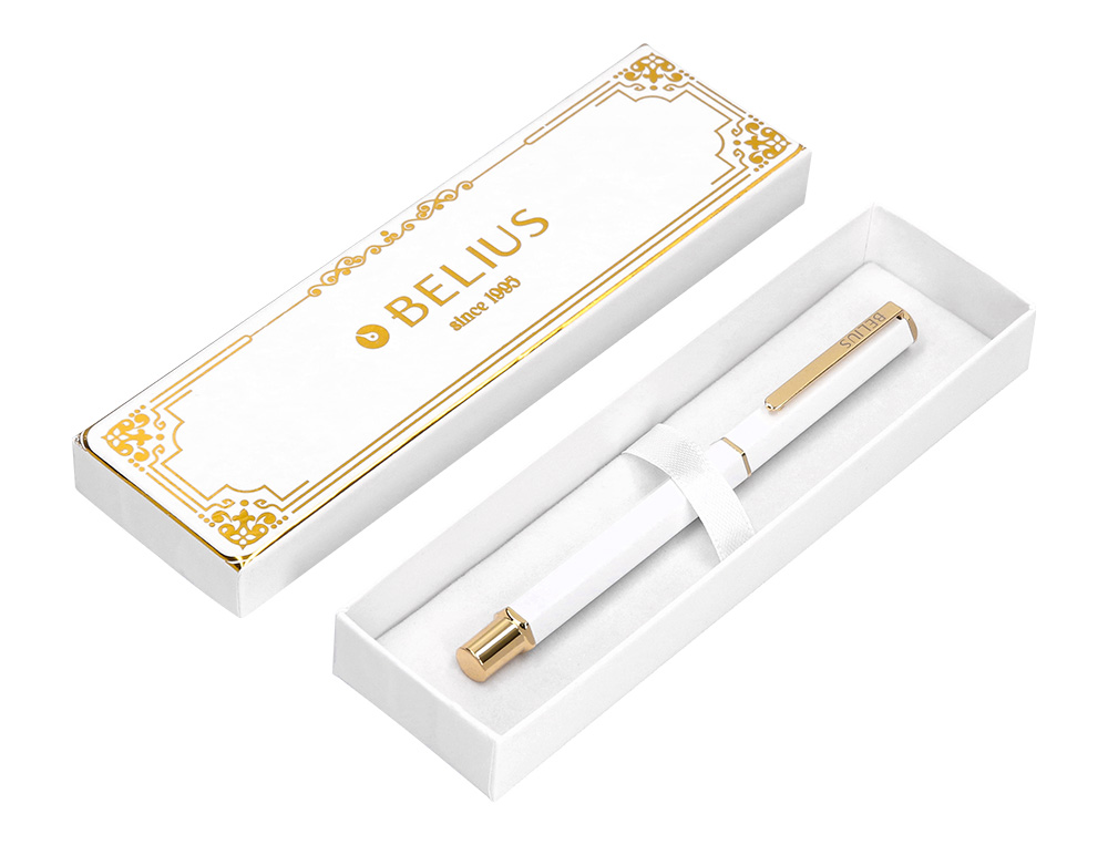 BOLIGRAFO BELIUS MACARON BLISS FORMA HEXAGONAL COLOR BLANCO Y DORADO TINTA AZUL CAJA DE DISEO