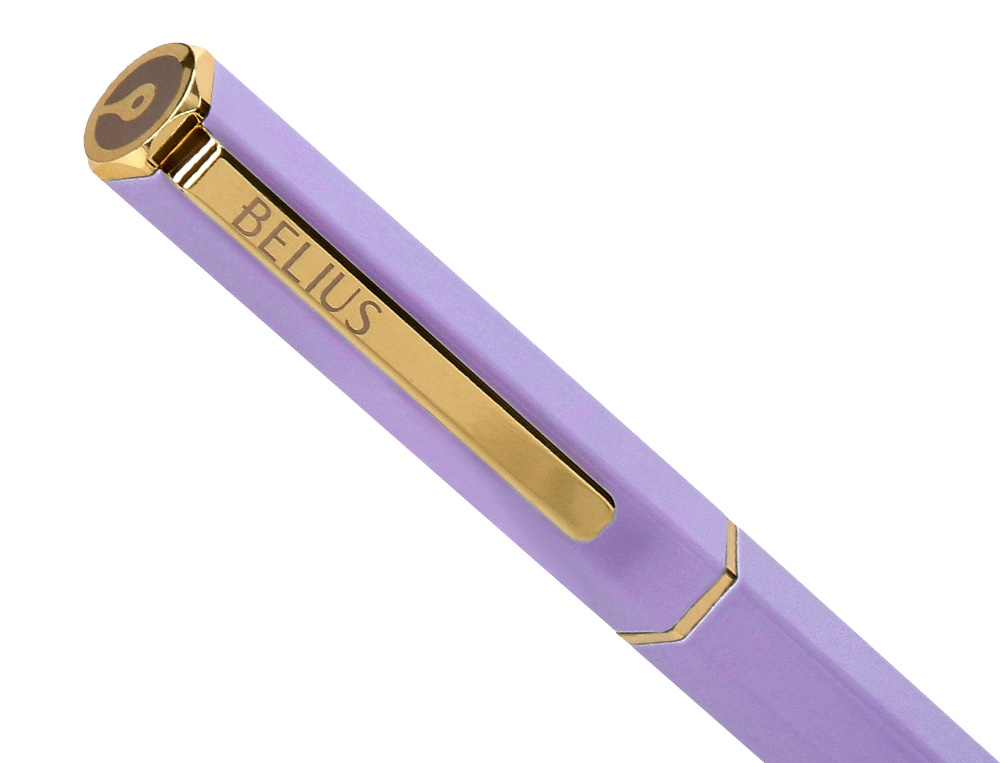 BOLIGRAFO BELIUS MACARON BLISS FORMA HEXAGONAL COLOR MORADO Y DORADO TINTA AZUL CAJA DE DISEO