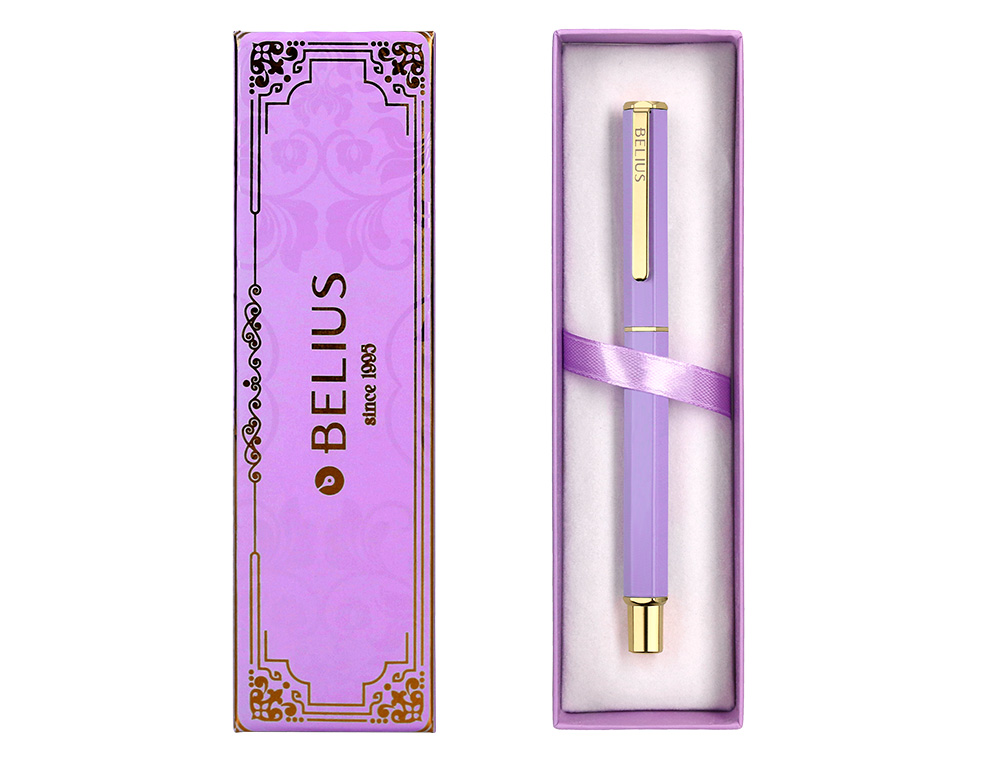 BOLIGRAFO BELIUS MACARON BLISS FORMA HEXAGONAL COLOR MORADO Y DORADO TINTA AZUL CAJA DE DISEO