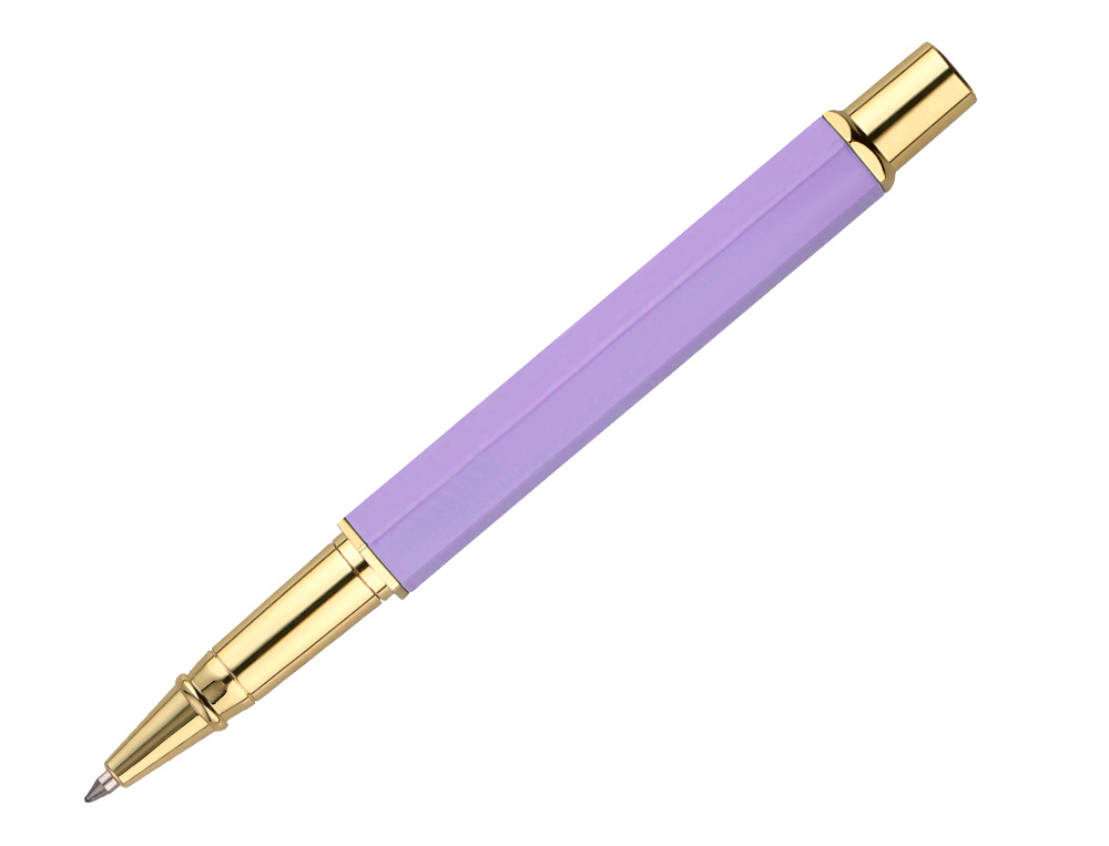 BOLIGRAFO BELIUS MACARON BLISS FORMA HEXAGONAL COLOR MORADO Y DORADO TINTA AZUL CAJA DE DISEO