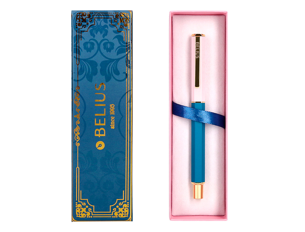 BOLIGRAFO BELIUS MACARON BLISS FORMA HEXAGONAL COLOR ROSA/ AZUL Y DORADO TINTA AZUL CAJA DE DISEO