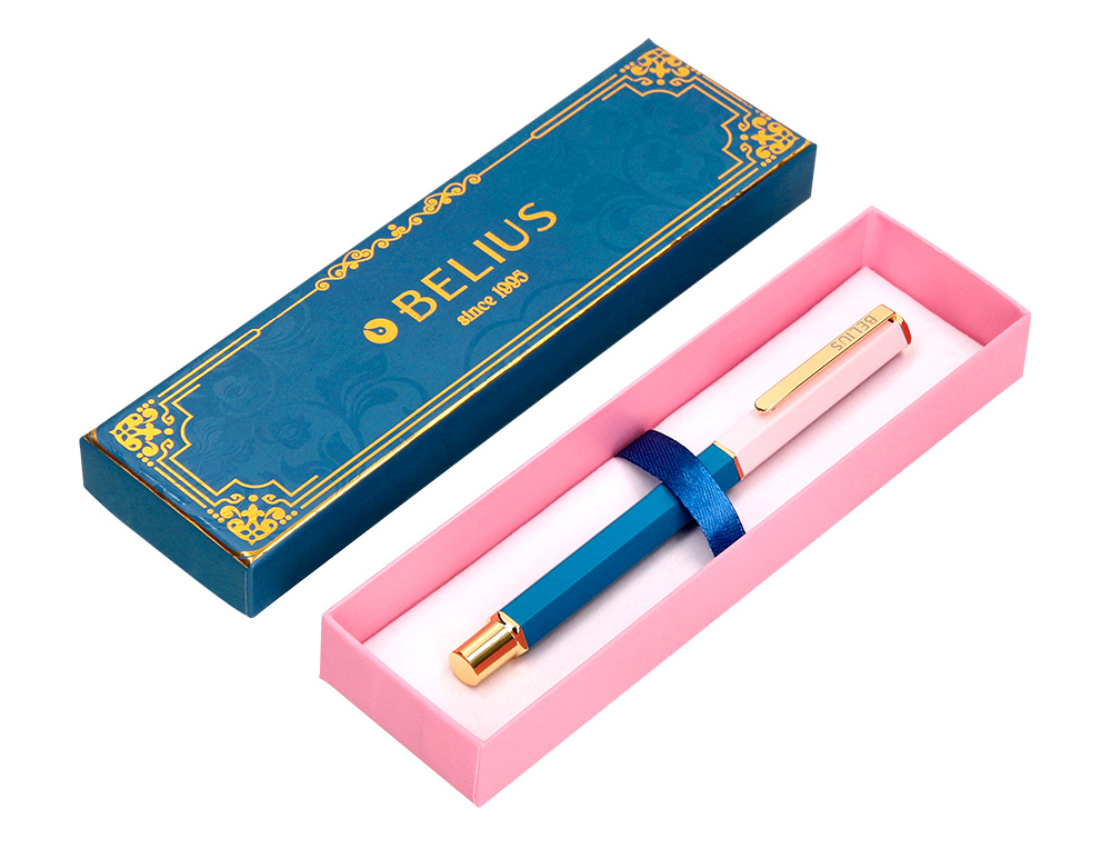 BOLIGRAFO BELIUS MACARON BLISS FORMA HEXAGONAL COLOR ROSA/ AZUL Y DORADO TINTA AZUL CAJA DE DISEO
