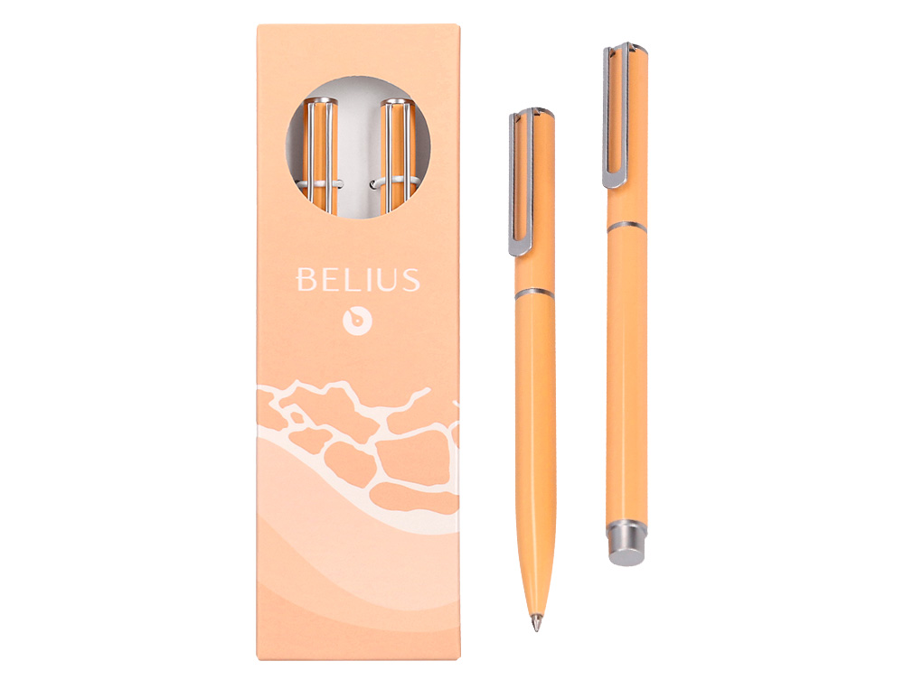 JUEGO BOLIGRAFO Y ROLLER BELIUS ENDLESS SUMMER ALUMINIO COLOR NARANJA Y PLATEADO TINTA AZUL CAJA DE DISEÑO
