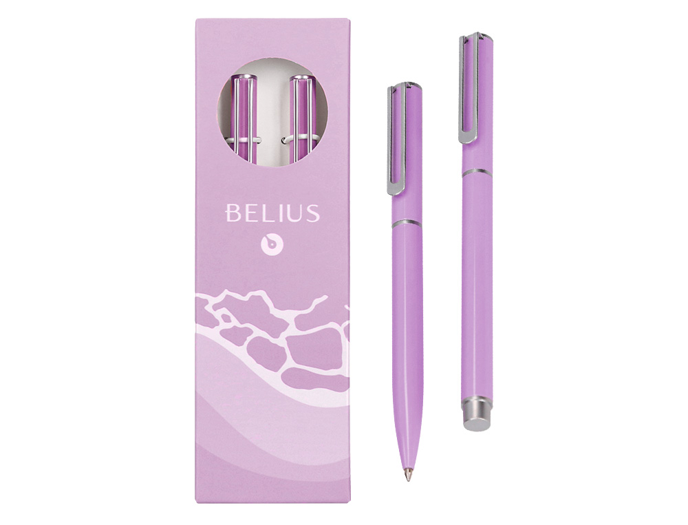 JUEGO BOLIGRAFO Y ROLLER BELIUS ENDLESS SUMMER ALUMINIO COLOR MORADO Y PLATEADO TINTA AZUL CAJA DE DISEÑO