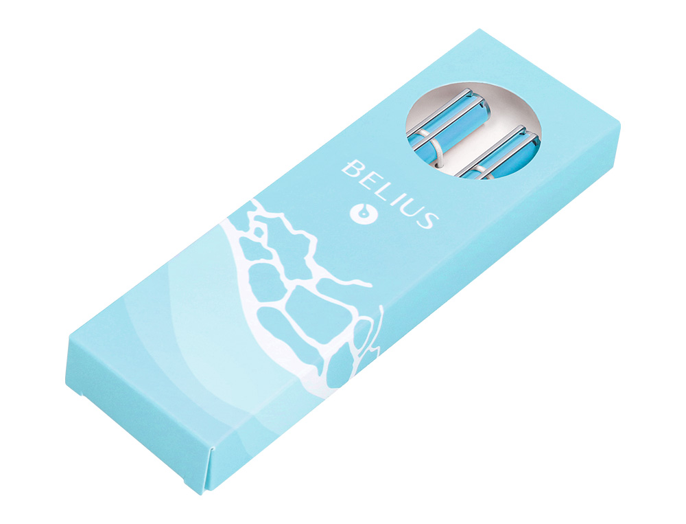 JUEGO BOLIGRAFO Y ROLLER BELIUS ENDLESS SUMMER ALUMINIO COLOR CELESTE Y PLATEADO TINTA AZUL CAJA DE DISEÑO