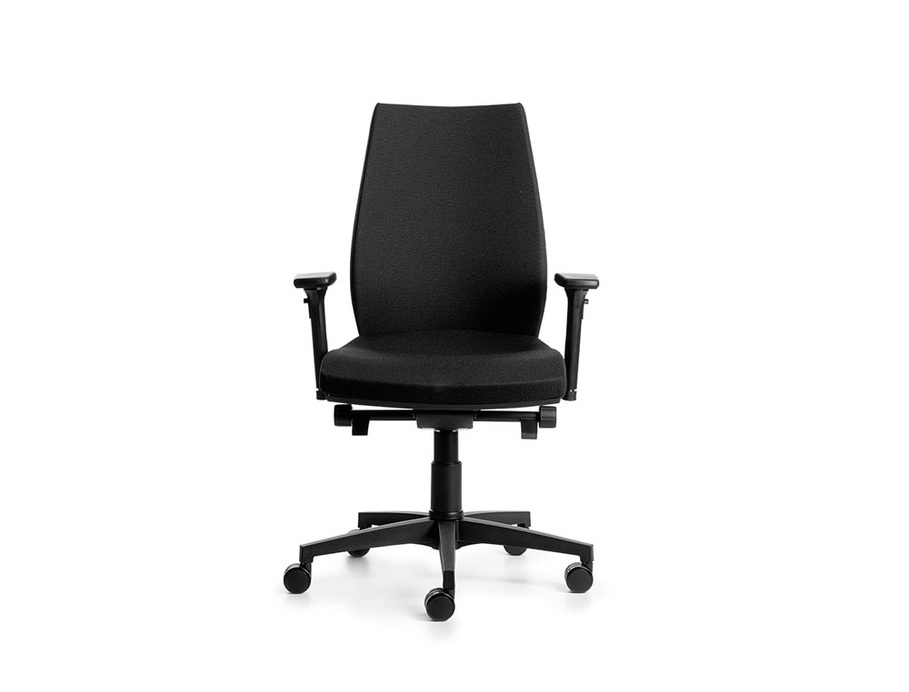 SILLA ROCADA DIRECCION CON BRAZOS REGULABLES BASE POLIMERO MECANISMO SINCRO CARCASA NEGRA TELA AZUL