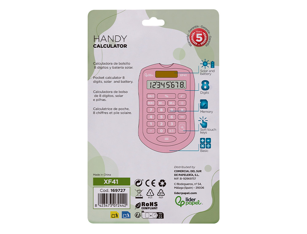 CALCULADORA LIDERPAPEL BOLSILLO XF41 8 DIGITOS SOLAR Y PILAS COLOR ROSA 94X59,5X10,5MM